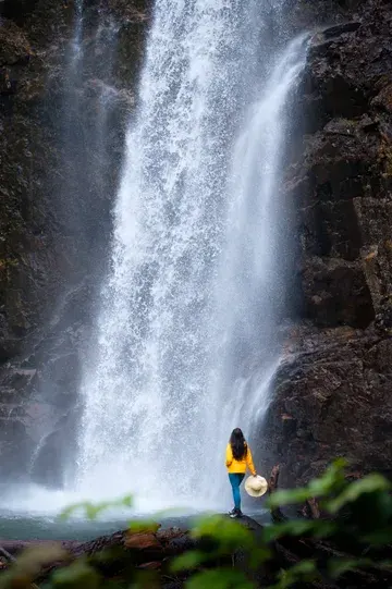 A woman wearing a yellow jacket is standing in front of a thundering waterfall with her back towards the camera.